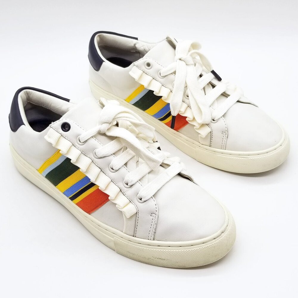 Tory Burch Sport Ruffled Rainbow Striped Leather Sneakers Size 9.5 Preppy $228 - Picture 3 of 16